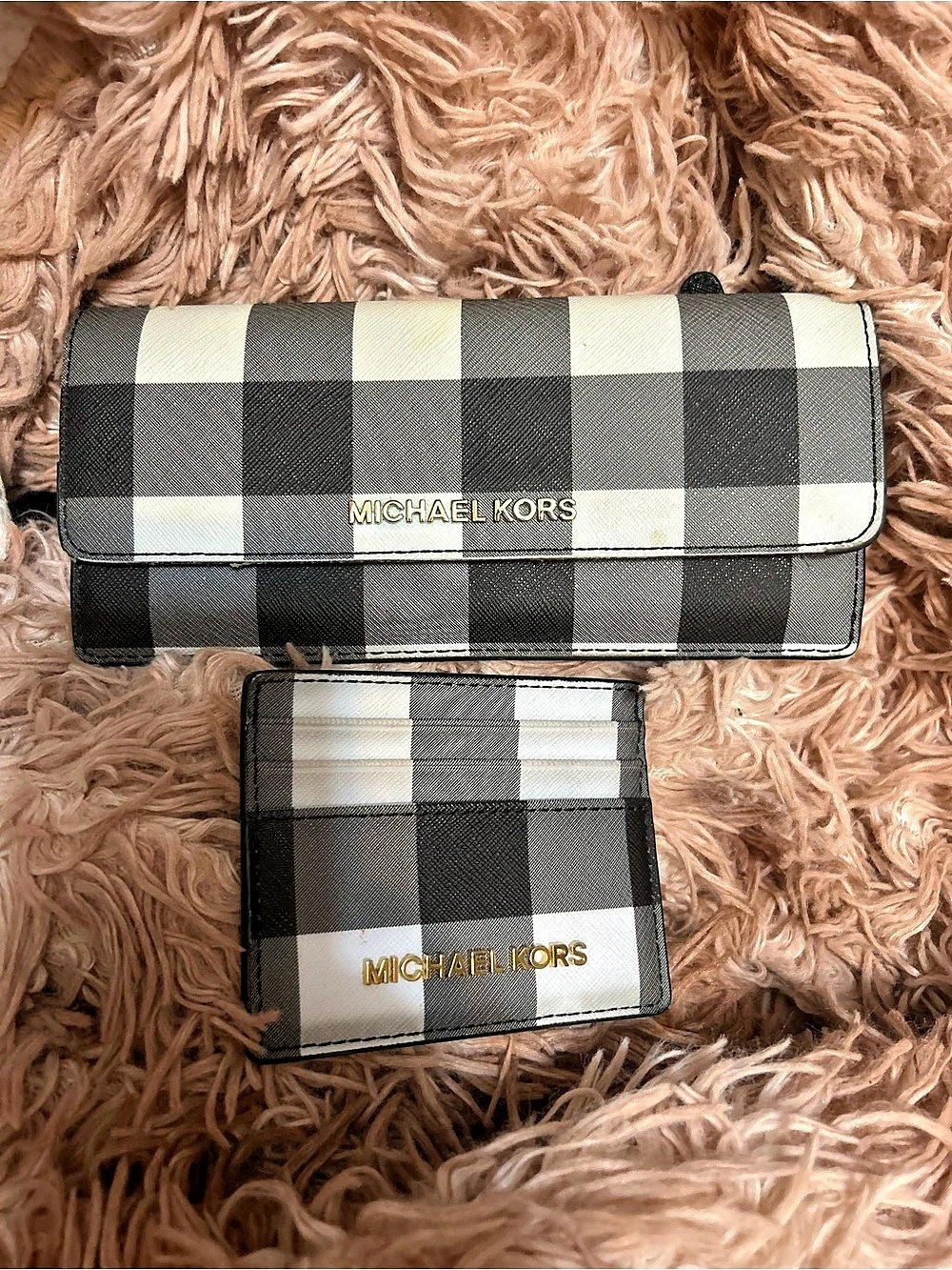Michael Kors Checkered Wallet Set in Black & White